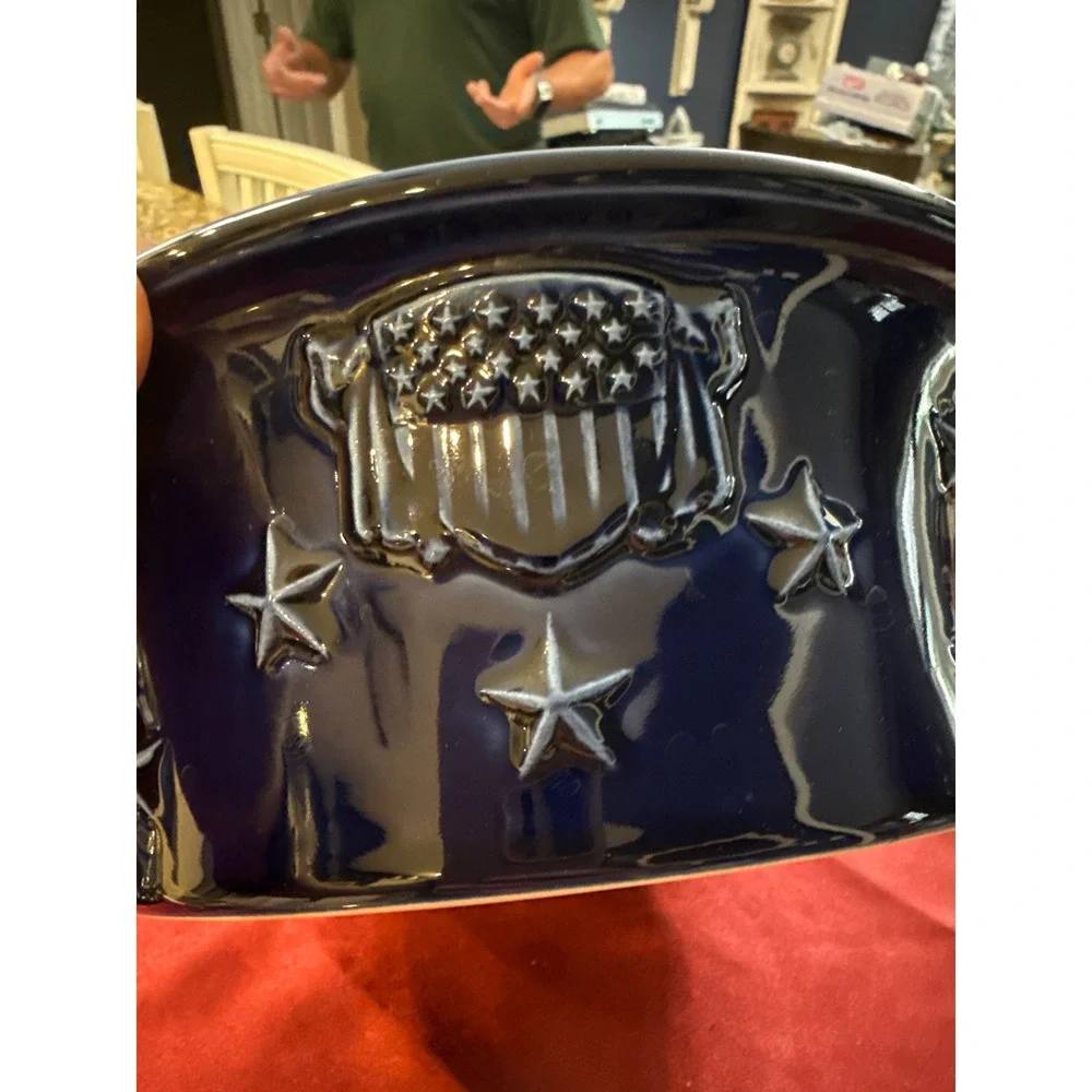 Longaberger Pottery American Eagle Lidded Casserole Dish Navy Blue Stars USA